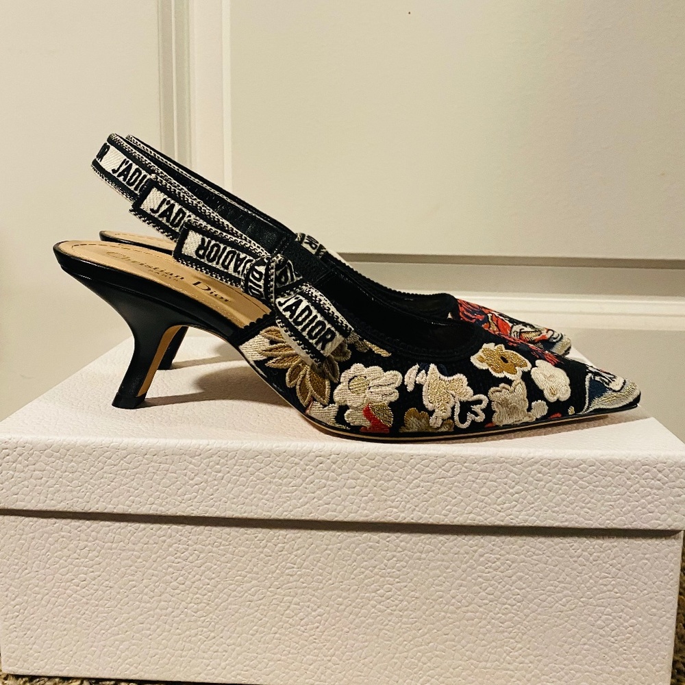 Christian Dior Embroidered Slingback Kitten Heel Pump
